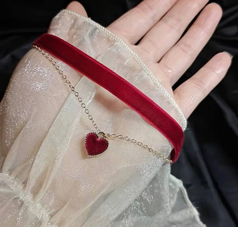 Чокер красный бархатный с подвеской сердце двойная цепочка женское ожерелье Киев - изображение 2