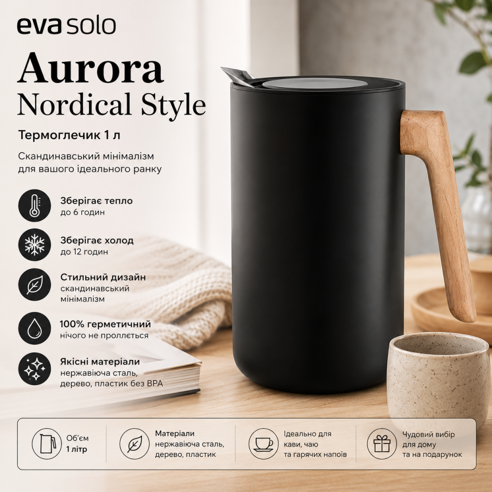 Термокувшин Eva Solo Aurora Nordical Style 1 л, черный — скандинавский минимализм для вашего идеального утра Киев - изображение 1
