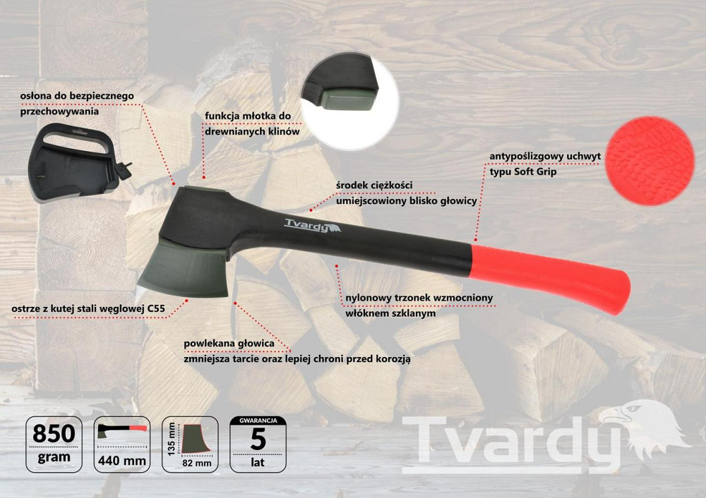 Сокира "Tvardy" вагою  850г кована з вуглецевої сталі C55 з пустотілим топорищем Киев - изображение 1