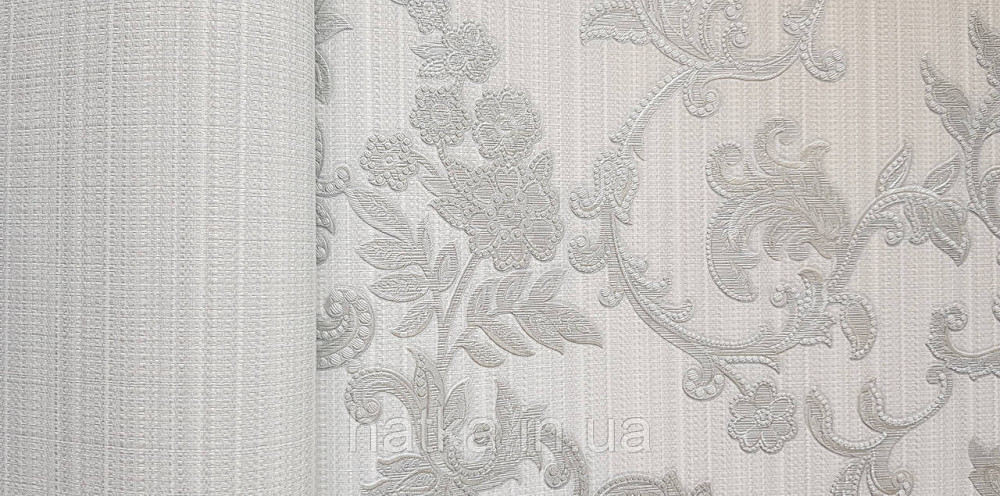 Шпалери вінілові на флізеліні AdaWall Seyyah 1.06х10 вензелю завитки великі структурні срібло на сіро-біле Київ - фото 2