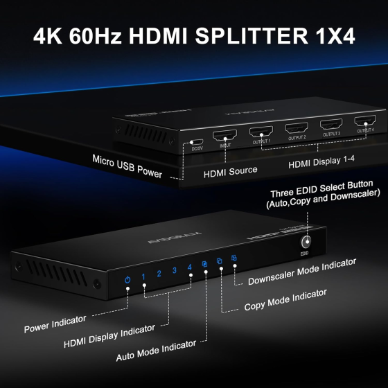 HDMI сплиттер 1x4 AVIDGRAM 4K 60Hz 4:4:4 HDR10|  разветвитель HDMI на 4 экрана, EDID, 18 Гбит/с, HDCP 2.2 Киев