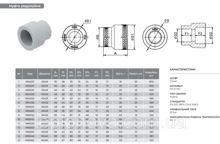 Муфта редукційна PPR ø50x40 (Поліпропілен) Raftec 50х40 мм RR5040 Чернівці - фото 4