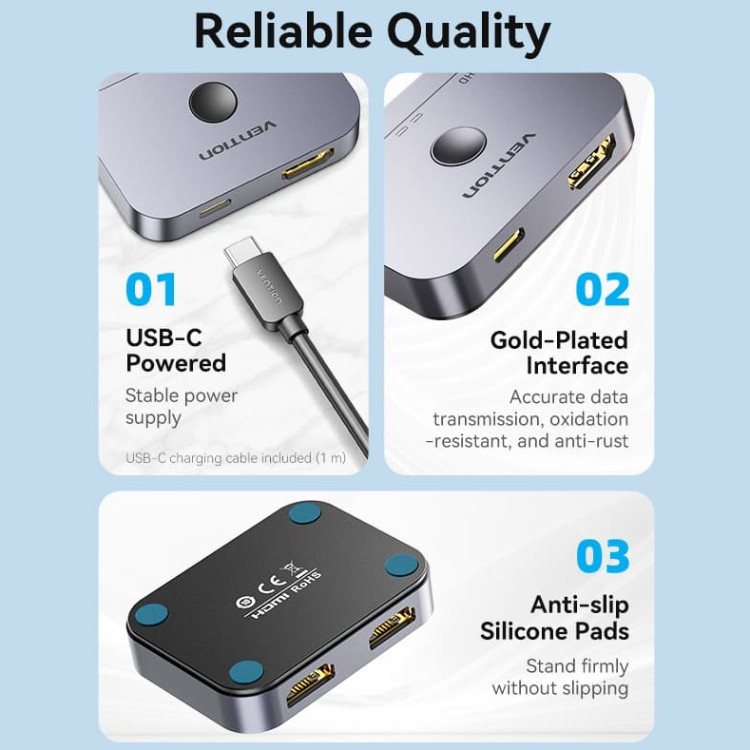 Сплітер HDMI 2.1 UHD 8K 60Hz 3D, HDCP HDR Dolby 7.1 перемикач двонаправлений 2 in 1 out  Vention Вінниця - фото 6