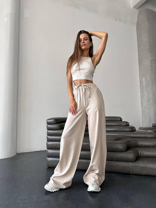Жіночі базові легкі штани палаццо льон Беж, 42/44 Одеса - фото 1