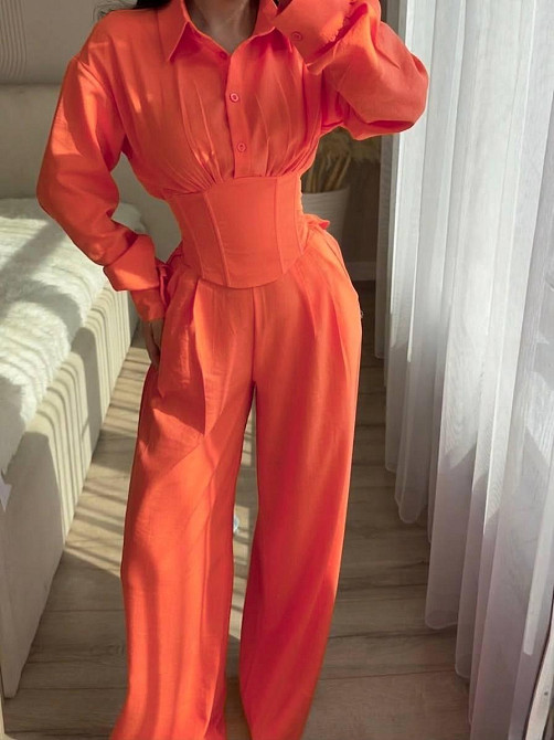 Женский стильный трендовый повседневный костюм лен жатка Коралловый, 42/46 Одесса - изображение 1