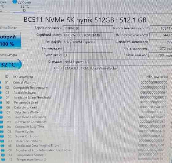 ЯК НОВІ! SSD диск Hynix BC511 512GB M2 NVMe 2230 PCIe 3.0 x4 100% здоровя! Харків