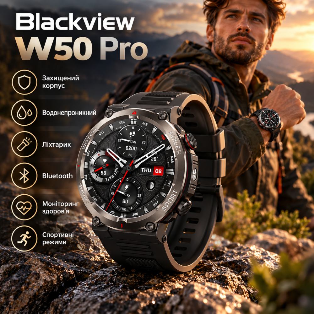 Смарт-годинник Blackview W50 Pro Black водонепроникний захищений розумний годинник з ліхтариком та Bluetooth Чорний Київ - фото 8