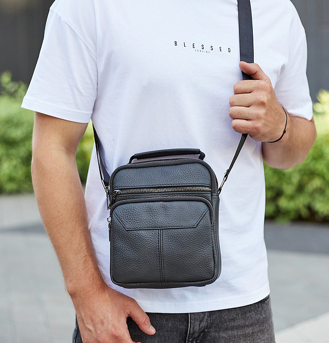 Мужской кожаный мессенджер 18x22x8, сумка планшет через плечо Tiding Bag A25F-1519A черный Киев - изображение 4
