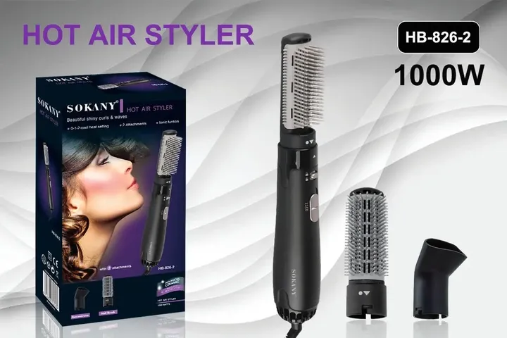 Фен-щітка HB-826-2 1000 Вт, 2 насадки, 3 швидкості, поворотний шнур 360°, петля для перенесення, зручне укладання Одеса - фото 1