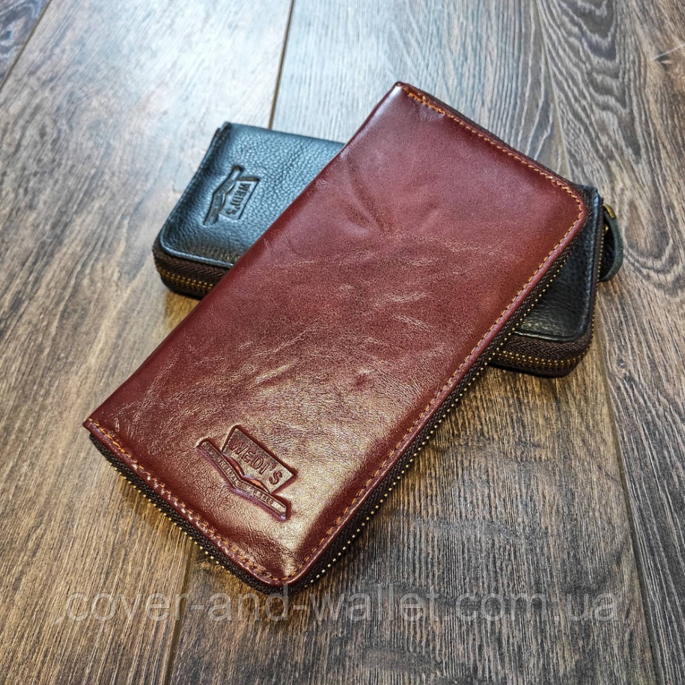 Стильний чоловічий шкіряний гаманець на одну блискавку бордового кольору Wedis Київ - фото 1