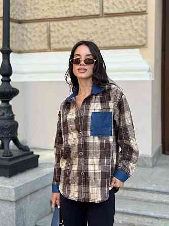Женская стильная рубашка в клетку с джинсовыми вставками турецкая байка Коричневый, 42/44 Одесса