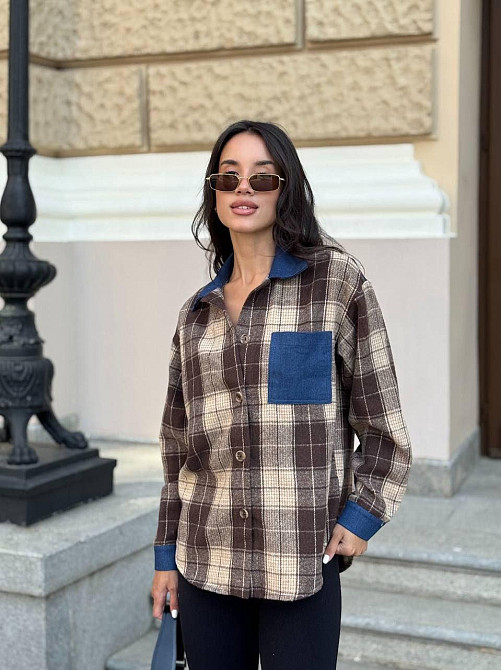 Жіноча стильна картата сорочка з джинсовими вставками турецька байка Коричневий, 42/44 Одеса - фото 1