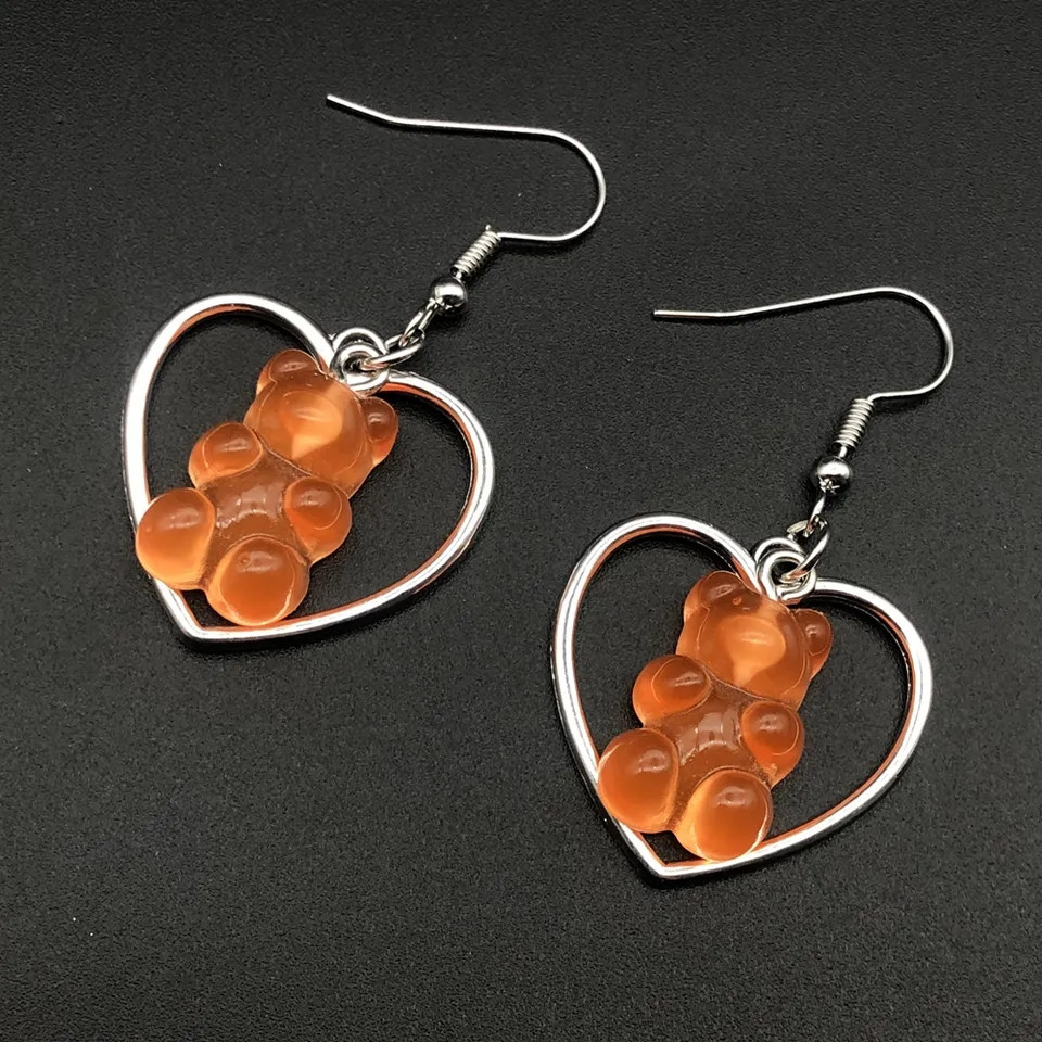 Серьги мармеладные мишки в сердечке оранжевые - размер мишки 2,3*1,8см, смола Киев - изображение 1
