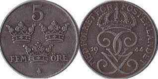 Монета 5-ере Швеція 1944-50 сталь Полтава