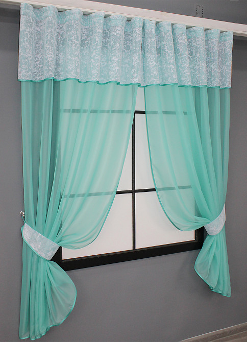 Кухонный комплект VR-Textil № 084к шторки с ламбрекеном бирюзовый с белым 280х170 см (52-0826) Киев - изображение 2