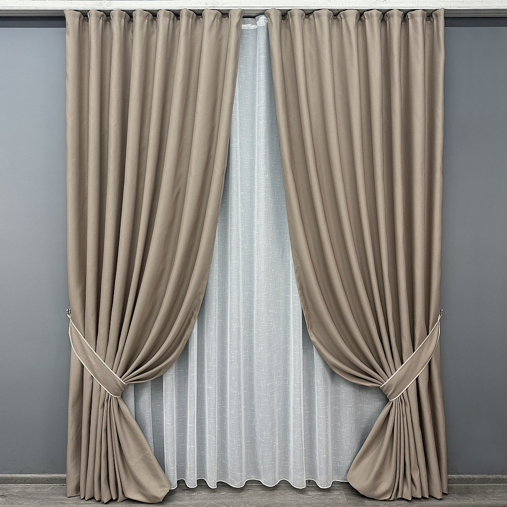 Комплект штор VR-Textil рогожка преміум TERRA LUXE 100х270 2шт і Тюль 300х270 1858ш-115т бежевий з білим 71-076/1 Київ - фото 1