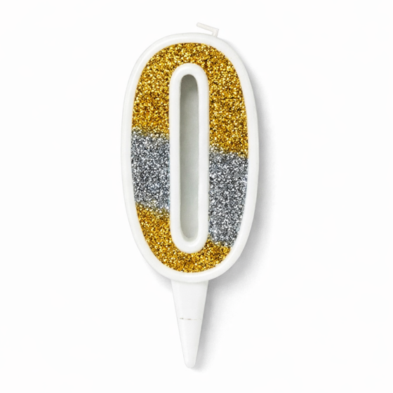 Свічка цифра 0 для торта золото-срібло блиск, святкова свічка на день народження Київ
