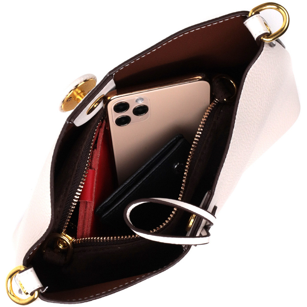 Кожаная женская сумка с оригинальной застежкой пуговкой Vintage 22321 Белая Киев - изображение 7