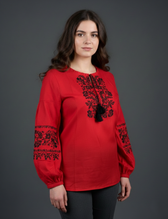 Жіноча вишиванка на червоному домотканому полотні з чудовою вишивкою Київ
