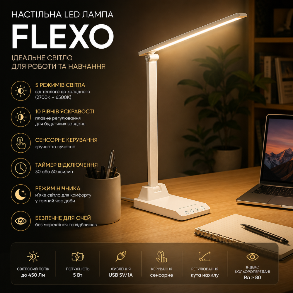 Настільна LED лампа Flexo, 5 режимів світла, 10 рівнів яскравості, сенсорне керування, таймер 30/60 хв, нічник Київ - фото 9