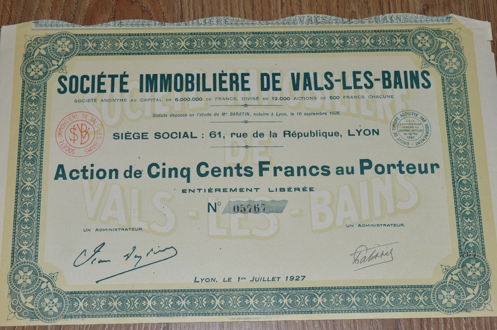Акція. SOCIETE IMMOBILIERE DE VALS-LES-BAINS . 1926 рік №05767 (53) Полтава - фото 1