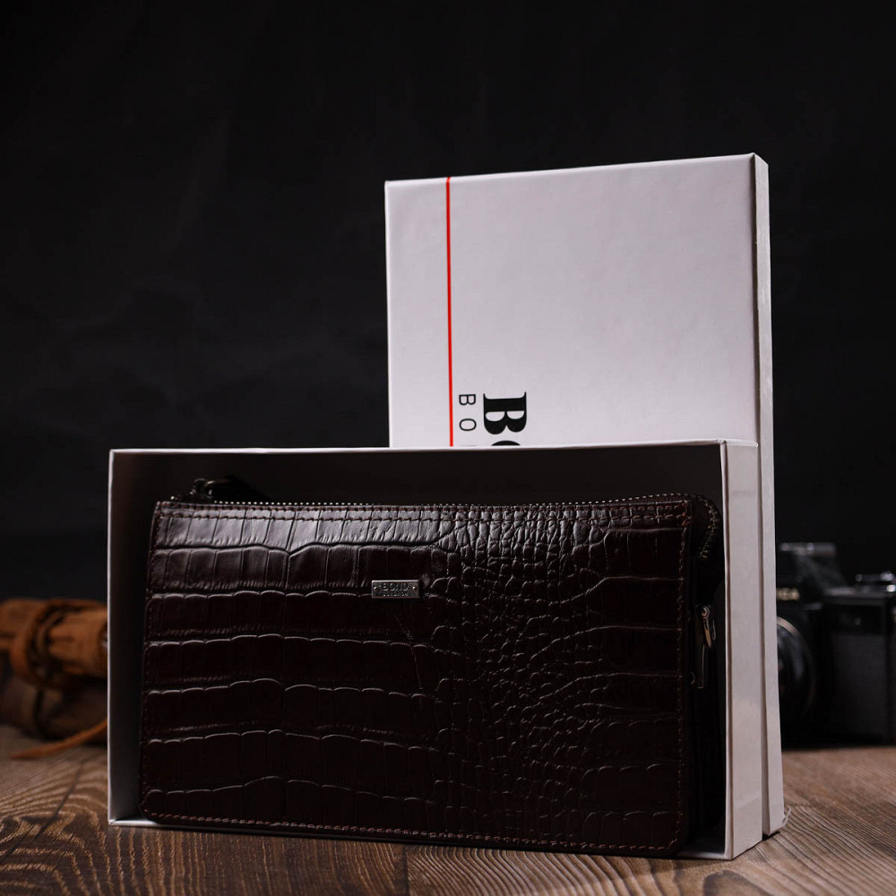 Вместительный мужской клатч на два отделения из натуральной кожи с тиснением под крокодила BOND 22046 Коричневый Киев - изображение 10