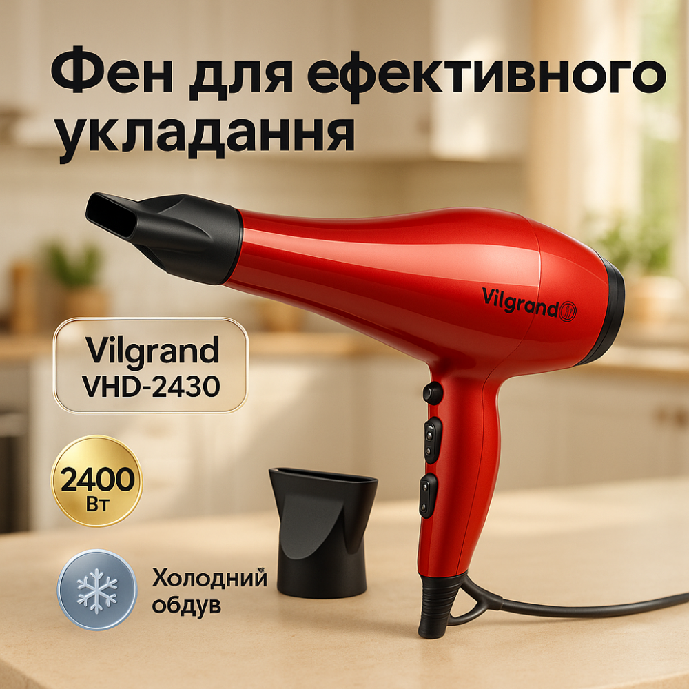 Классический фен для сушки и укладки волос Vilgrand VHD-2430 2400 Вт, Качественный фен для волос OD-71 Львов - изображение 15