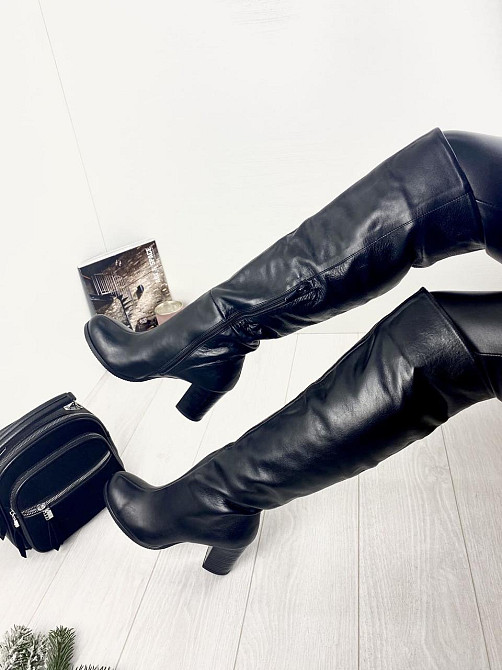 Ботфорти жіночі 14 чорні натуральна шкіра з хутром до кісточки висота 43 см каблук 8 см обхват Коломыя - изображение 5