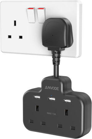Подвійний мережевий адаптер із USB, 2 розетки та 3 USB-порти, короткий подовжувач 5 см, до 3250 Вт, чорний Київ