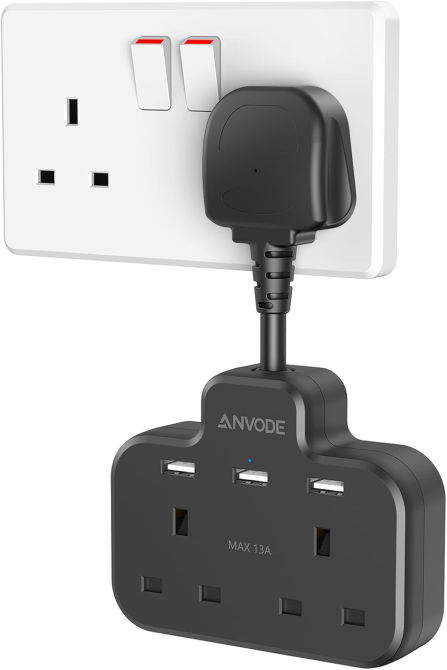 Подвійний мережевий адаптер із USB, 2 розетки та 3 USB-порти, короткий подовжувач 5 см, до 3250 Вт, чорний Київ - фото 2