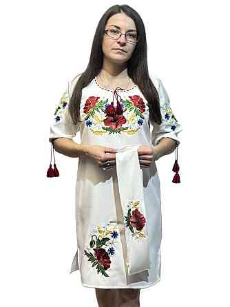 Жіноче біле вишите плаття з поясом із великими маками та колосками 48 Київ
