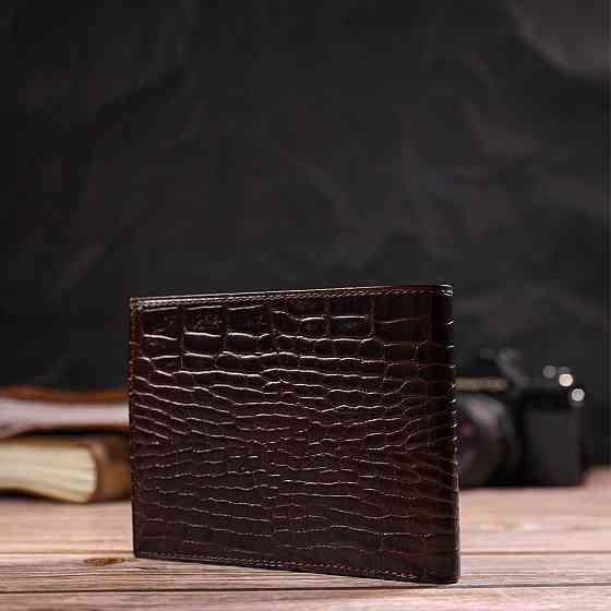 Чоловічий гаманець без застібки з натуральної шкіри з тисненням під крокодила Коричневий (CANPELLINI) Київ