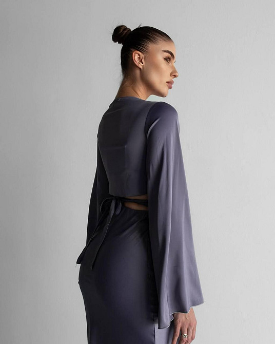 Жіночий елегантний романтичний костюм-двійка Шовк Армані люкс Графіт Одеса - фото 2