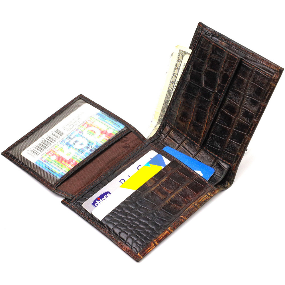 Оригинальное мужское портмоне из натуральной фактурной кожи с тиснением под крокодила CANPELLINI 21784 Темно коричневое Киев - изображение 4