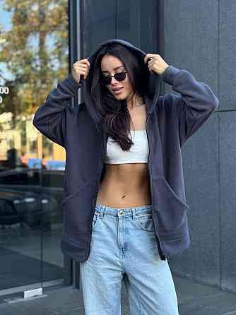 Жіноча тепла кофта оверсайз із капюшоном на блискавці турецький фліс Графіт, 42/44 Одеса