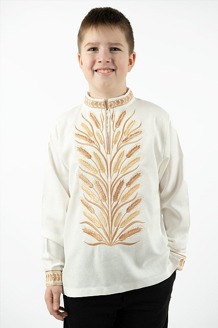 Вышиванка для мальчиков, с длинным рукавом льняная, молочная, топ 140 Киев - изображение 1