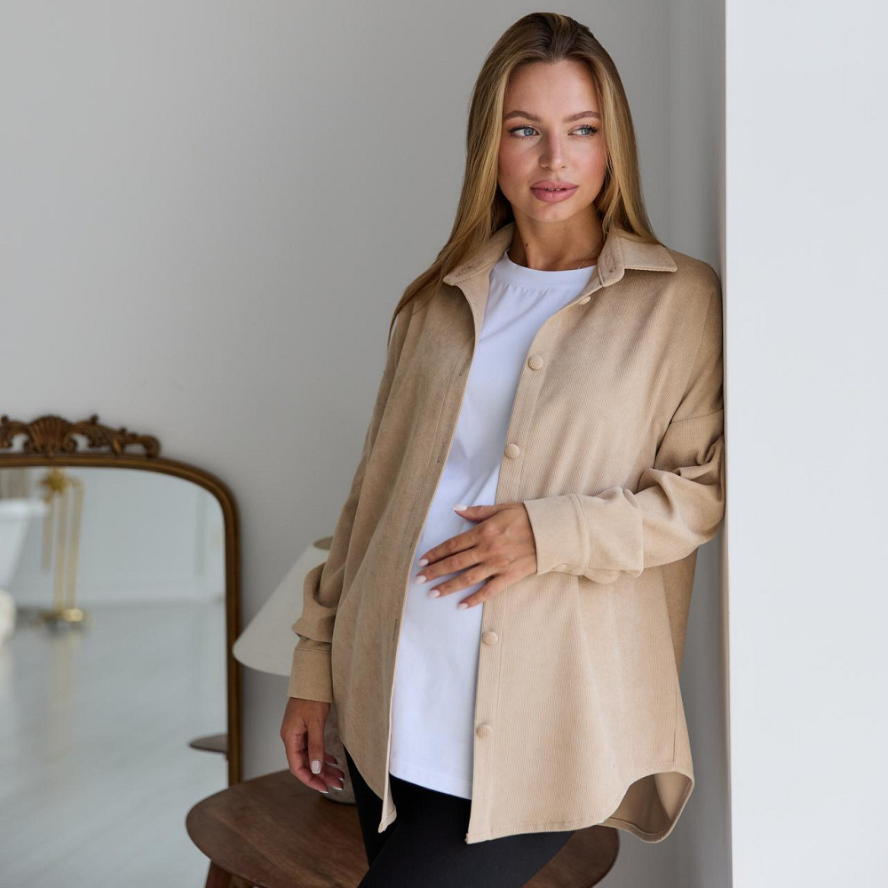 Жіноча сорочка для вагітних стилю oversize з мікровельвету Varna розмір S-М Lullababe бежева Кривий Ріг - фото 1