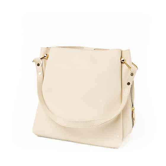 Сумка женская через плечо вместительная стильная из искусственной кожи с боковыми молниями, Молочный Каменец-Подольский