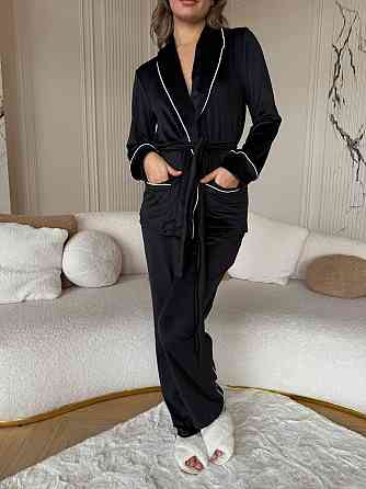 Жіноча затишна піжама: халат-кімоно, штани + пов'язка на голову велюр Одеса