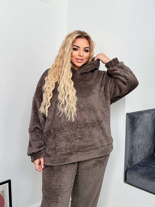 Женская уютная пижама двойка с капюшоном двусторонняя махра. Мокко, 54/56 Одесса - изображение 5