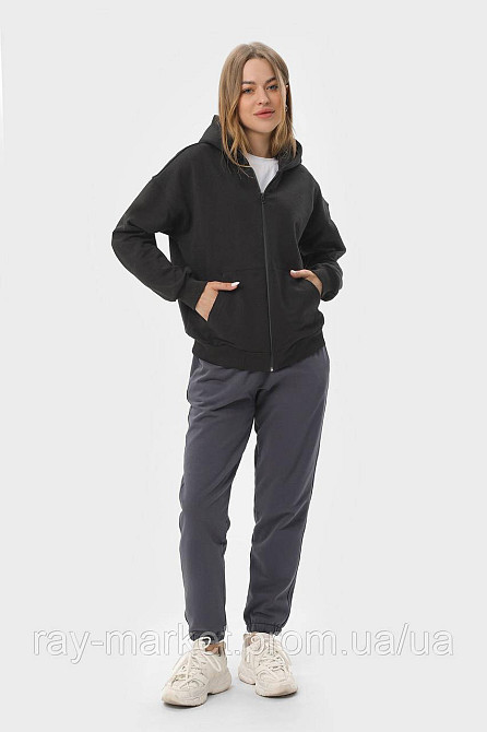 Костюм жіночий худі на блискавці чорне та штани темно-сірі  RAY PREMIUM LOOSE U0809 (U0809W-Black-Dark Grey) Київ - фото 2