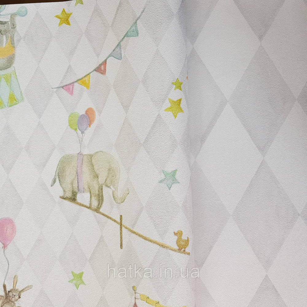 Флізелінові шпалери дитячі BN Doodleedo 0,53 х 10 м цирк тварини слони птиці повітряні кулі зірки сіро білі Київ - фото 2