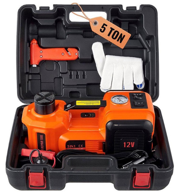 Електричний автодомкрат 3-в-1 BX-481 (5т, 12В), вбудований компресор, ліхтарик, висота 450мм, кейс Одеса - фото 1