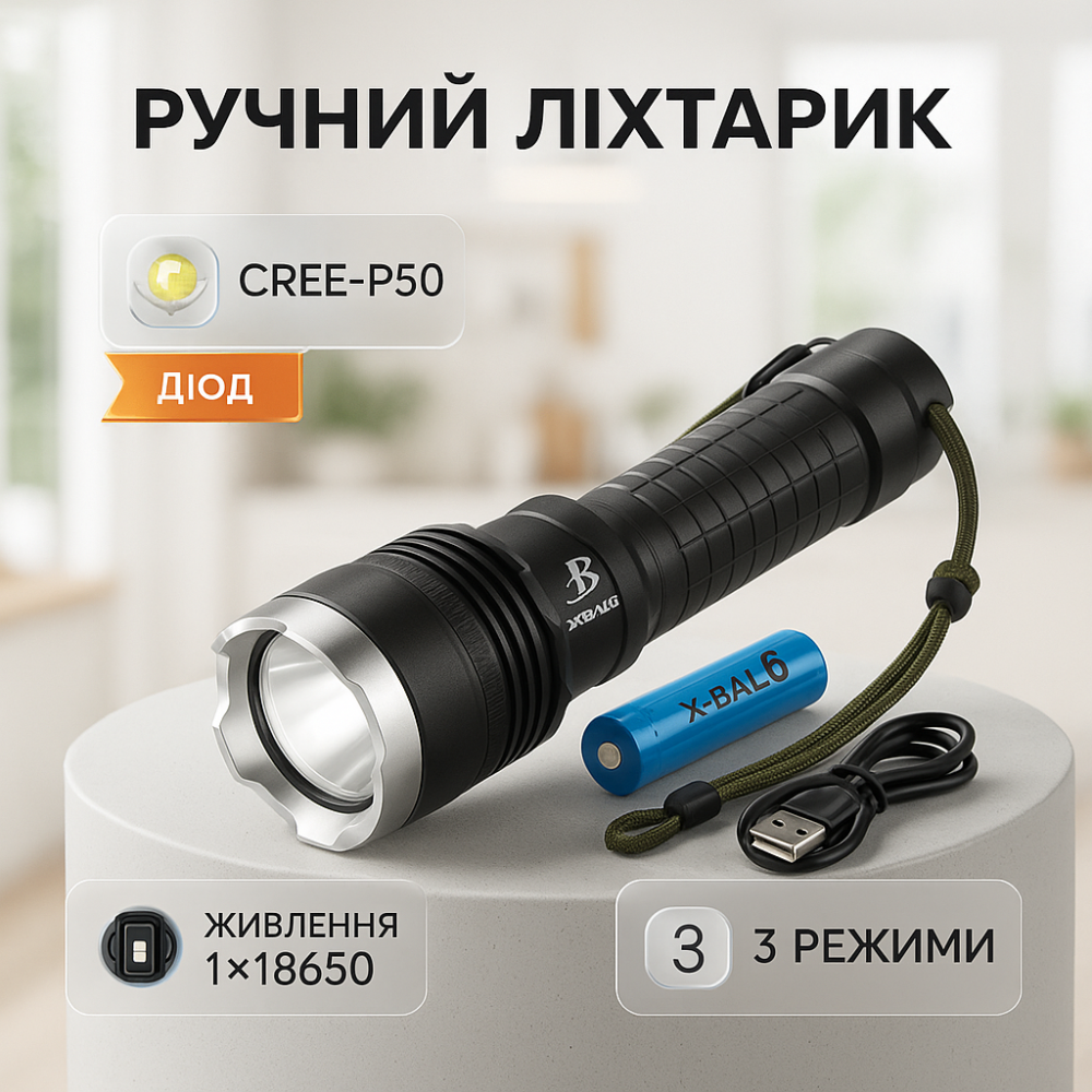 Переносной ручной мощный фонарь X-Balog, Тактические фонари с зумом, Фонарь ручной металлический GX-55 Львов - изображение 19