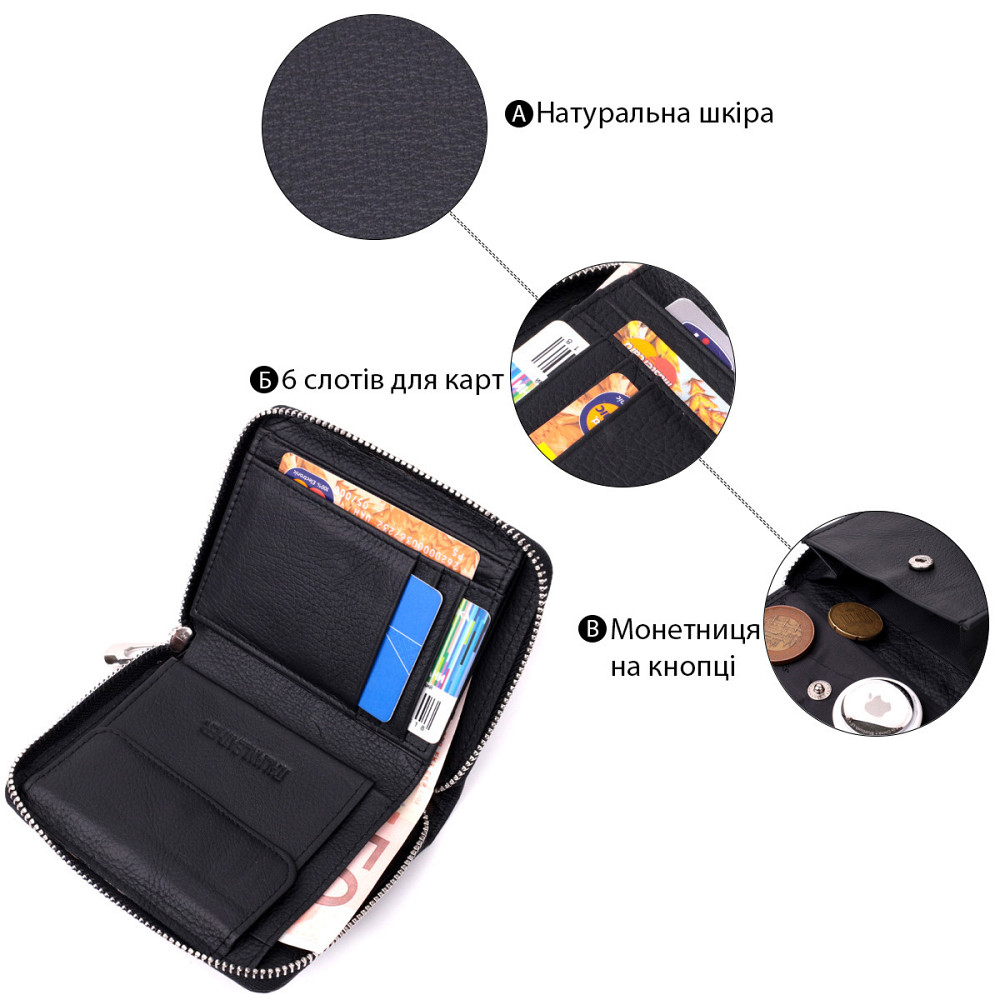 Портмоне для женщин на молнии в классическом цвете из натуральной кожи ST Leather 19488 Черный Киев - изображение 4