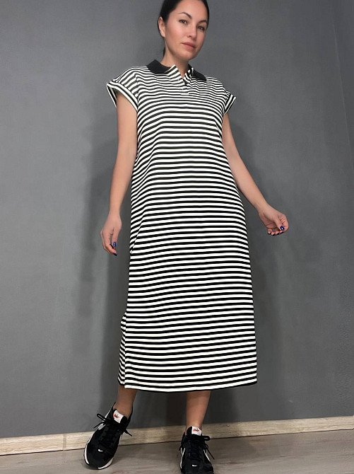 Платье женское A-N 26073 футболка поло длинное в полосу оверсайз черный с белым, чорный с белым, one size Киев - изображение 1