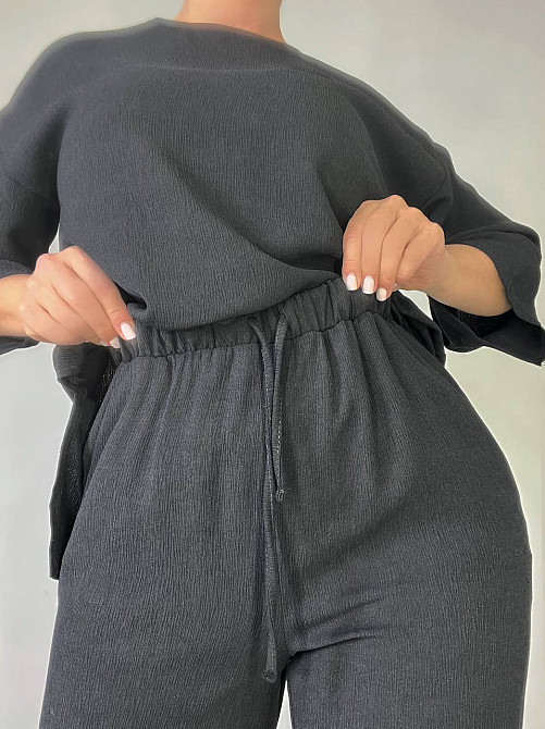 Костюм женский 1005-0712 жаткая рубашка короткий рукав разрезы и брюки палаццо черный, черный, M Киев - изображение 9