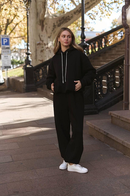 Жіночий теплий костюм двойка вільного крою тринитка на флісі Чорний Одеса - фото 4