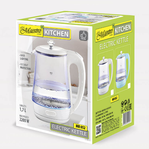 Електрочайник 1,7л 1850-2200W скло (диск) блакитний MR-052-BLUE Maestro Житомир