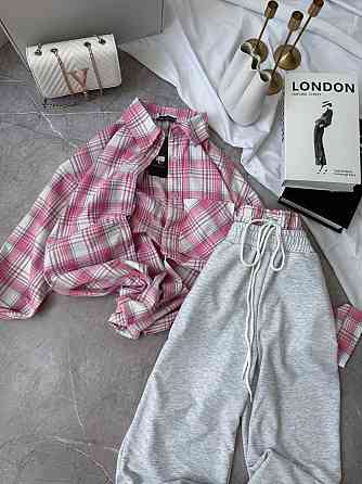 Женский повседневный костюм двойка: рубашка в клетку и штаны фланель + двунитка Розовый, 48/52 Одесса